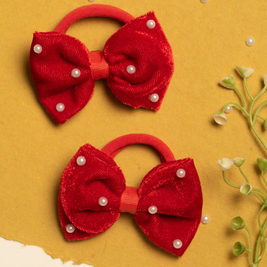 Ribbon Candy - Cute Valvet Bow With Pearl Detailing Rubber Band - Red