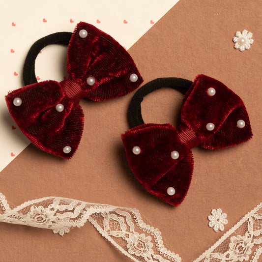 Ribbon Candy - Cute Valvet Bow With Pearl Detailing Rubber Band - Maroon