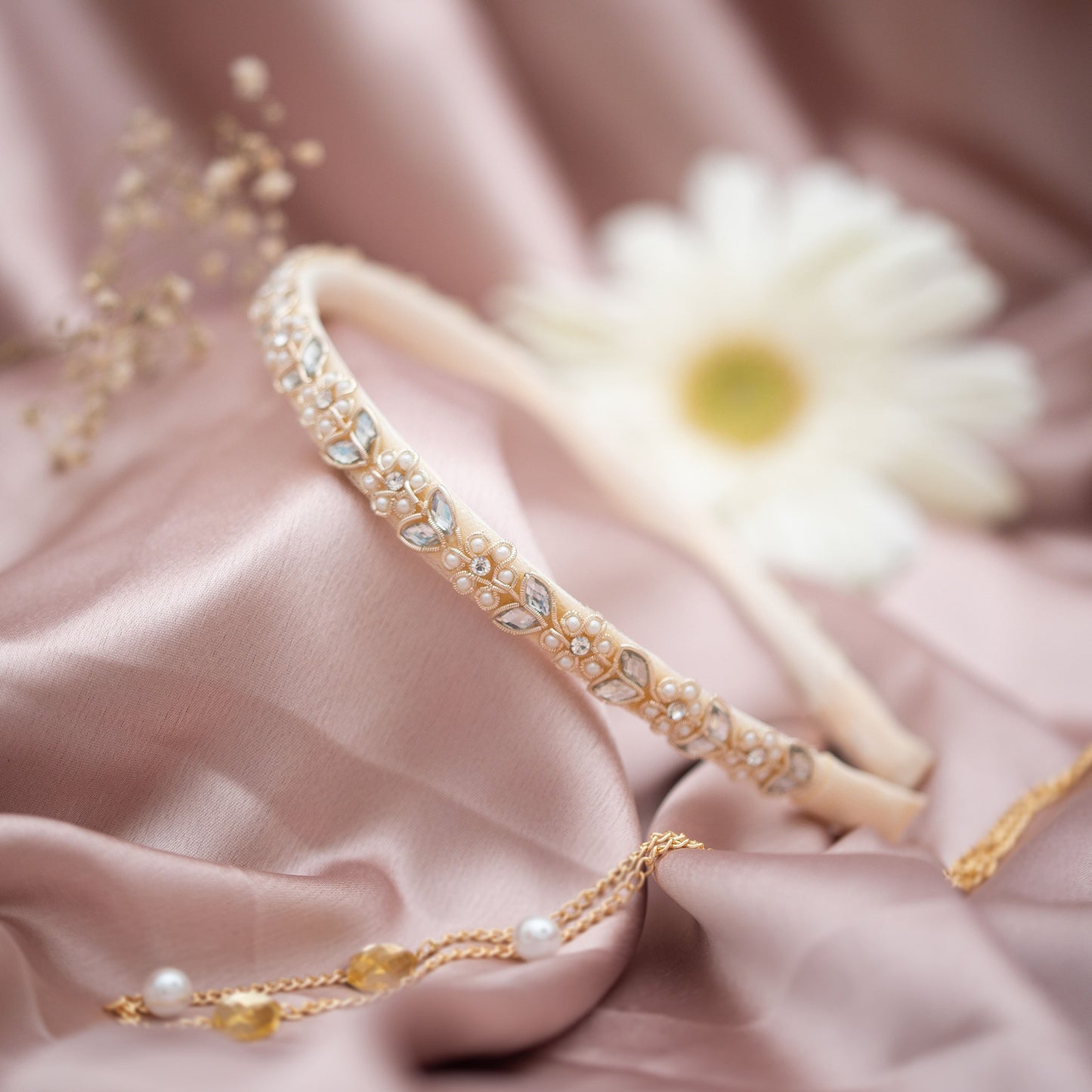 Ribbon Candy - Pearls detailed hairband with  Zardozi emblishment- Golden