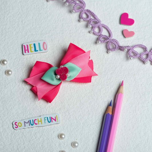 Dual bow with felt roses and pearls on Alligator pin