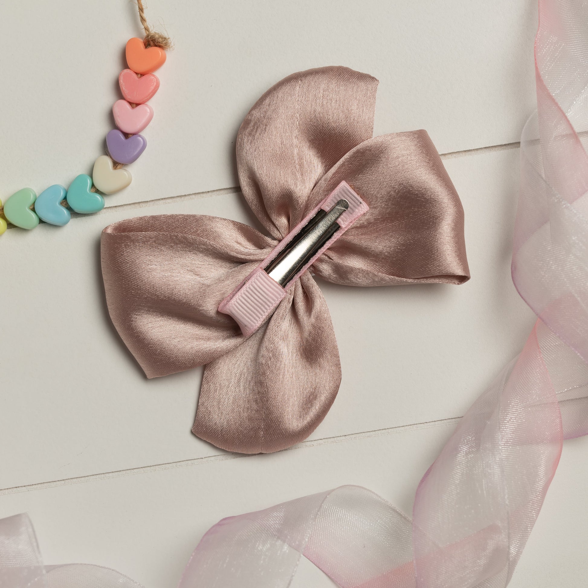 Ribbon Candy - Pearl Detailed Cute Satin Bow on Alligator clip - Dusty Pink