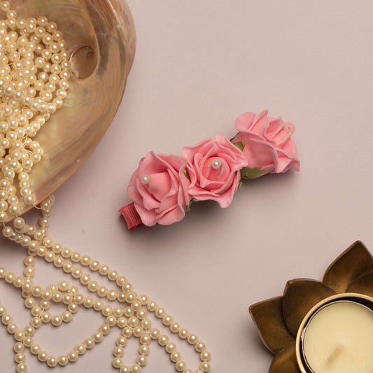 Ribbon Candy - Pearl Embellished Flowers on Alligator Hair Pin - Pink