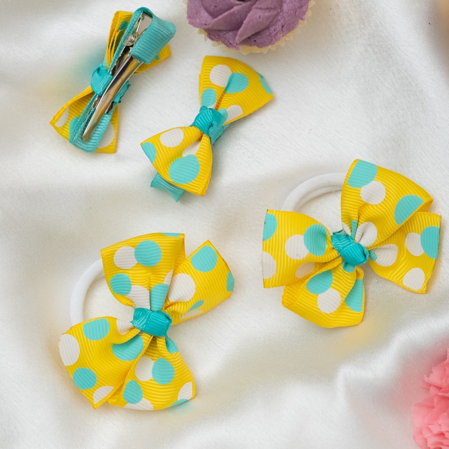 Dainty polkadotted bow on  alligator clips and rubberbands- Yellow (Set of 2 pairs- 4 quantity)