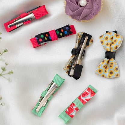 Cute polka dotted loopy bow on alligator clips, yummy watermelon printed loopy bow on alligator pins along with floral printed bow alligator clip- Multicolor (Set of 3 pairs - 6 quantity)