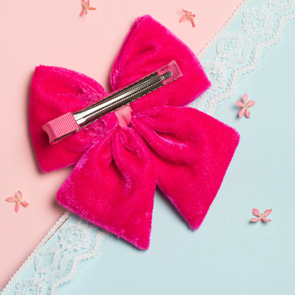 Ribbon Candy - Velvet Party Bow With Pearl Detailing on Alligator Pin - Hot Pink