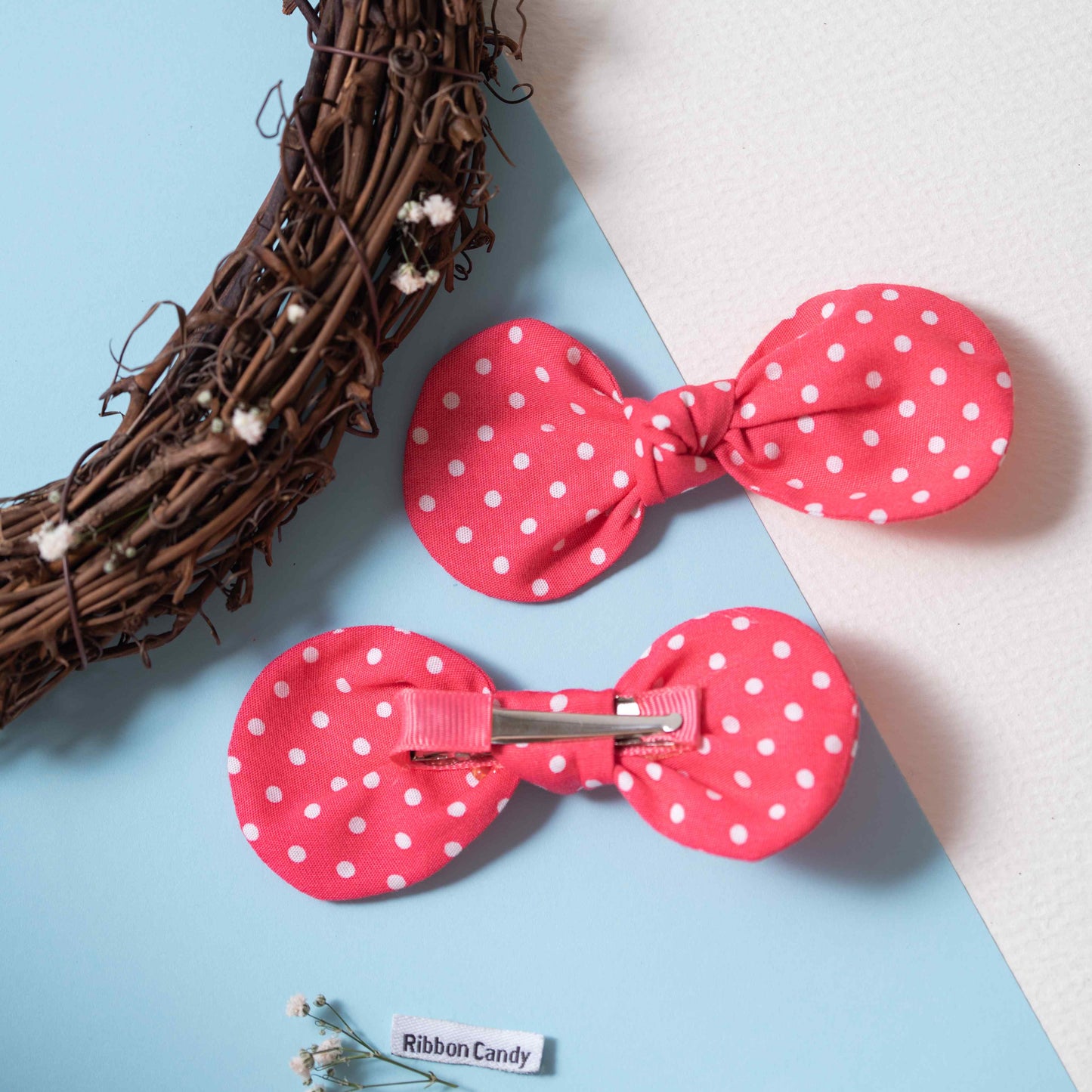Polka Dot Knotted Bow On Alligator Clips - Pink