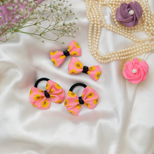 Floral printed bow on alligator clips and rubber bands- Peach (Set of 2 pairs- 4 quantity)