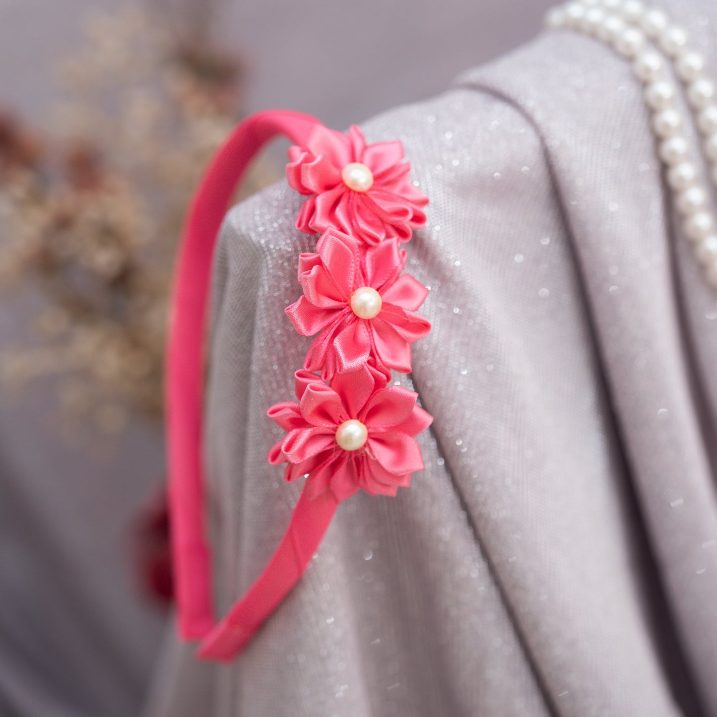 Ribbon Candy - Triple Satin Flower Hairband with Pearl Detailing- Pink