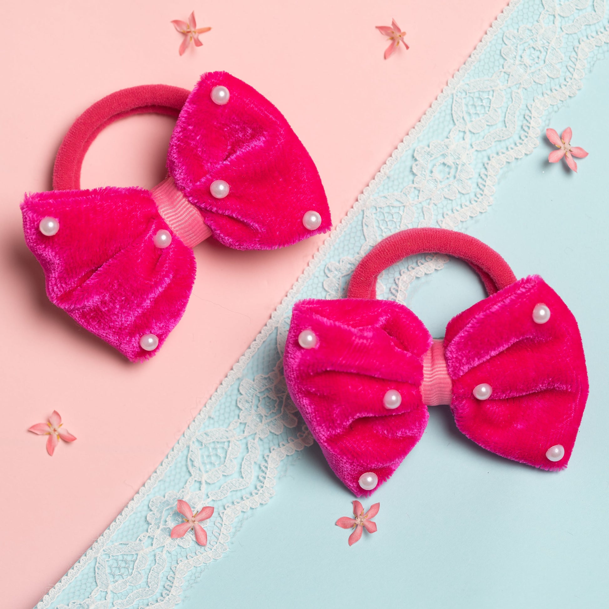 Ribbon Candy - Cute Valvet Bow With Pearl Detailing Rubber Band - Hot Pink