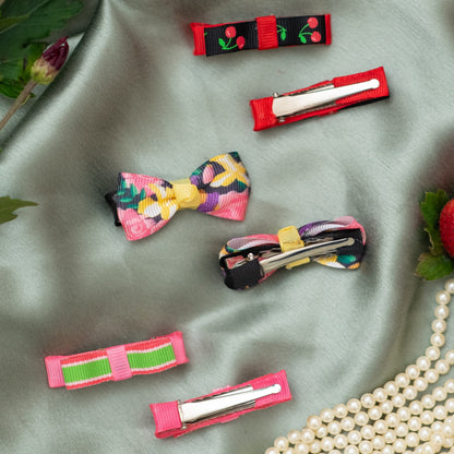 Cherry and stripe printed loopy bow on alligator clips along with floral printed bow alligator clips- Multicolour (Set of 3 pairs - 6 quantity)