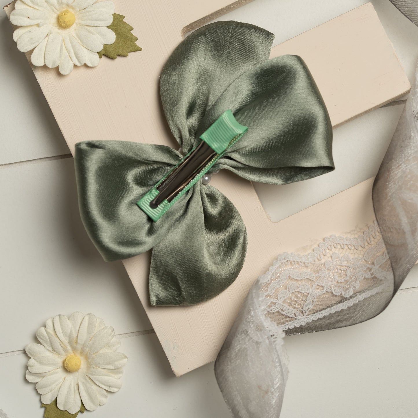 Ribbon Candy - Pearl Detailed Cute Satin Bow on Alligator clip - Olive Green