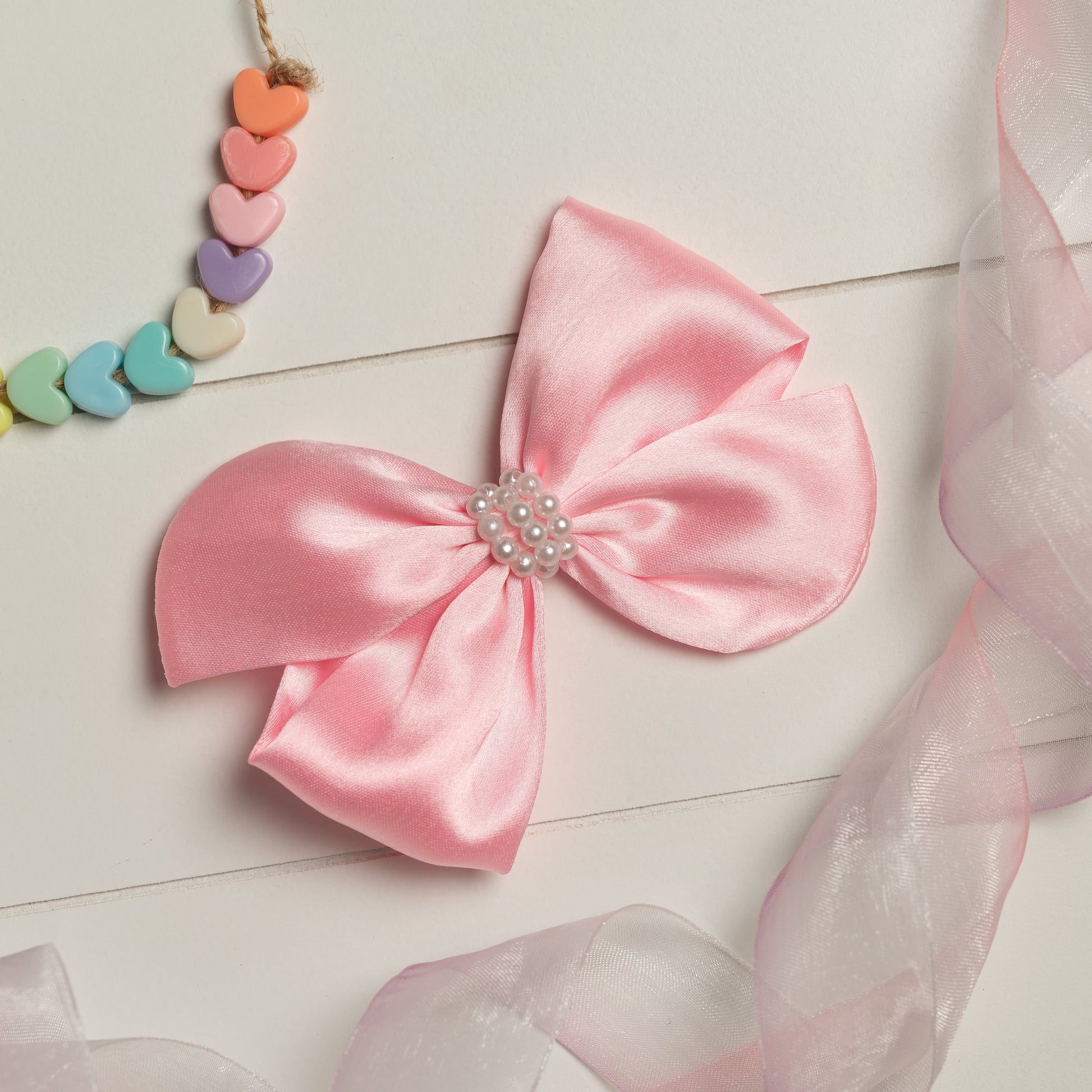 Ribbon Candy - Pearl Detailed Cute Satin Bow on Alligator clip - Light Pink