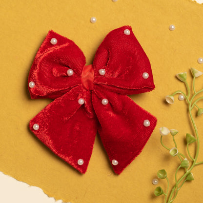 Ribbon Candy - Velvet Party Bow With Pearl Detailing on Alligator Pin - Red