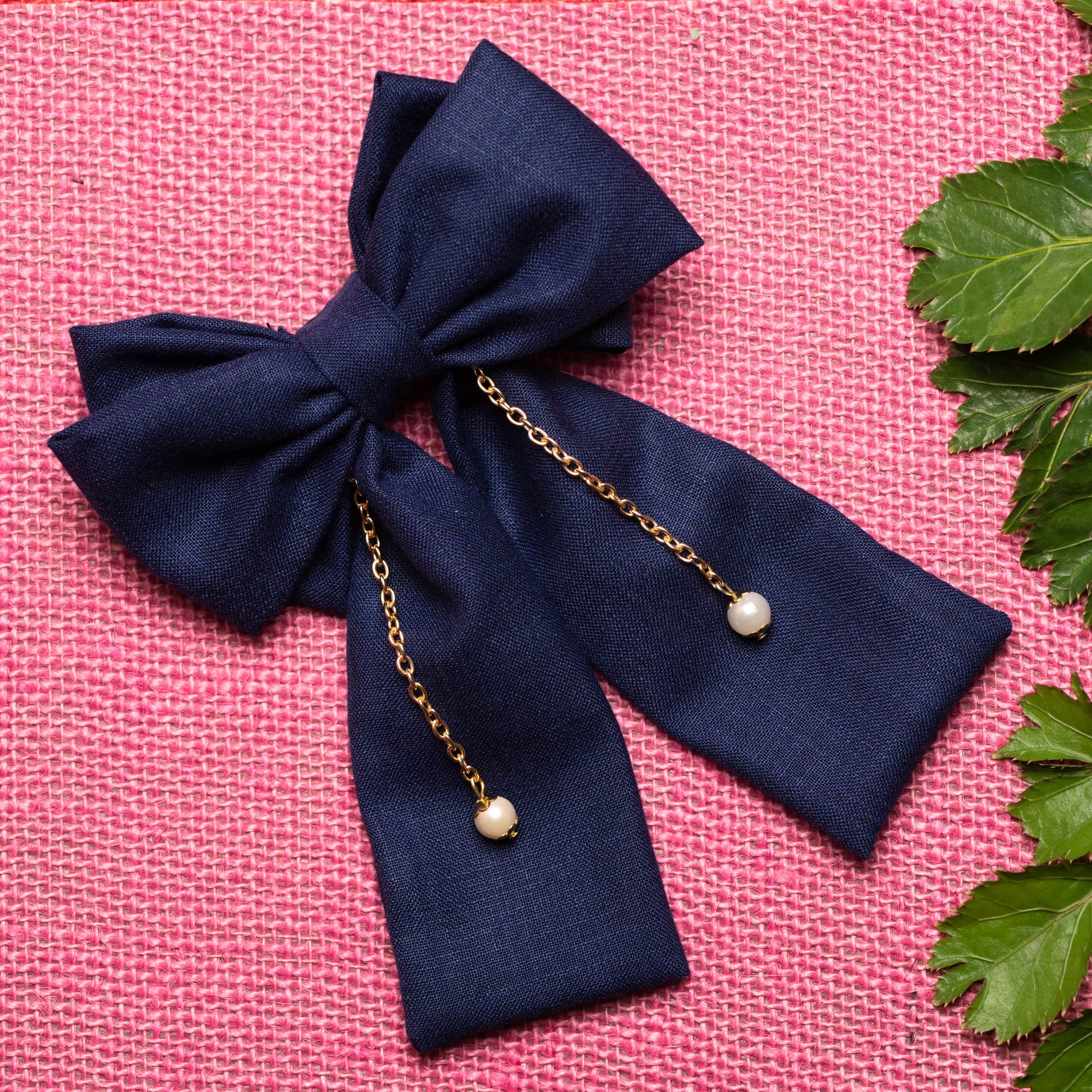 Dual Bow (Large) With Chain and Pearl Detailing on Alligator Clip - Navy Blue