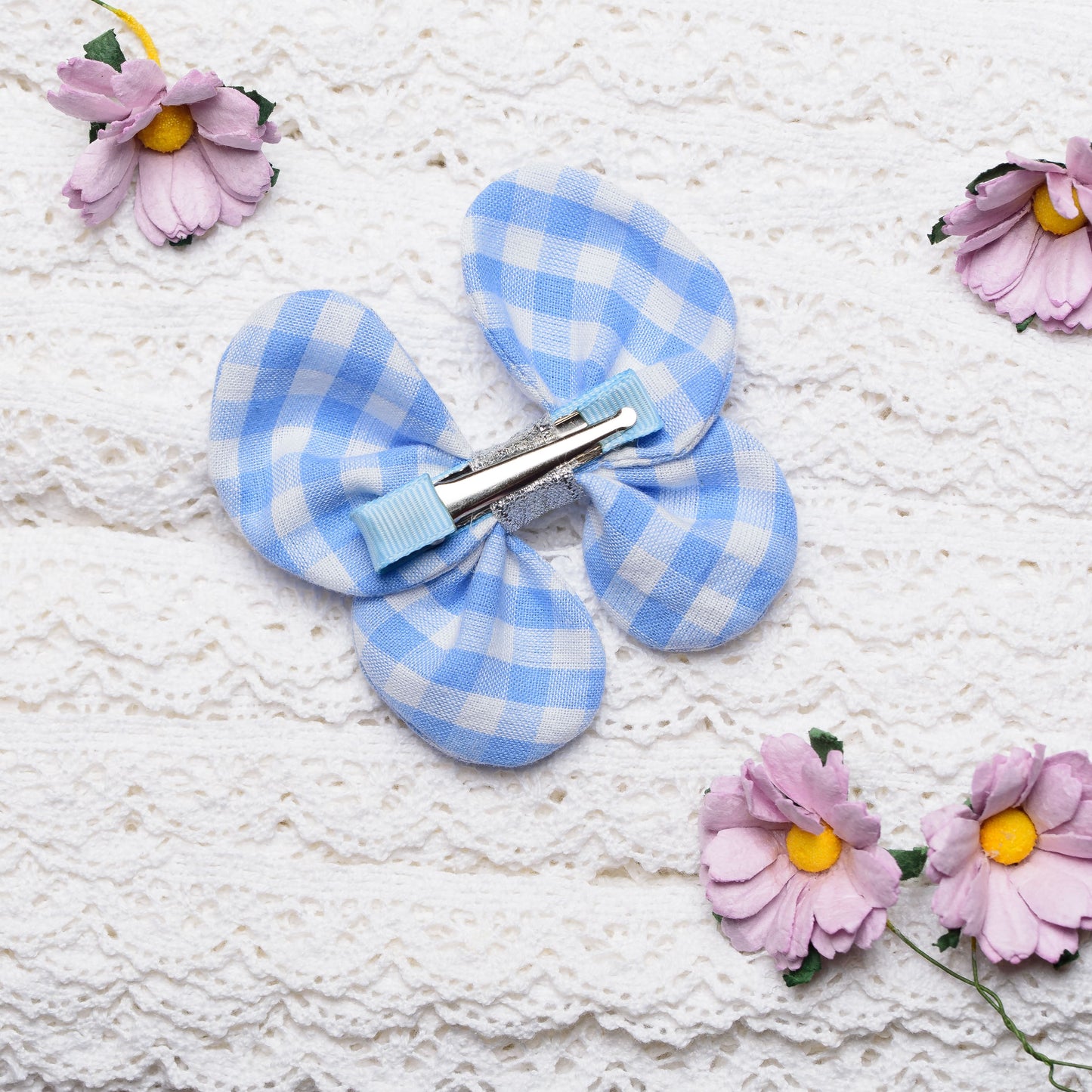 Checked Butterfly bow on Alligator Clip - Blue and White